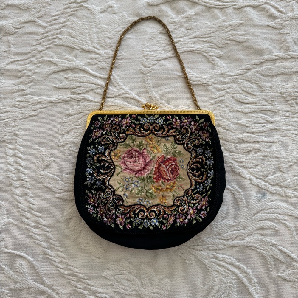 Floral Embroidered Black Evening Bag